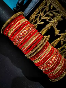 RIJOLI Set Of 42 Gold Plated Crystal, Stone-Studded & Beaded Velvet Bangles