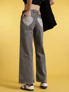 glitchez Women Heart Patches Faded wide leg Jeans