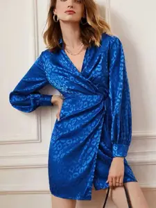 bebe Blue Printed Puff Sleeve Wrap Mini Dress