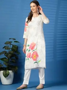 Sangria Floral Printed Notch Neck Pure Cotton Straight Kurta