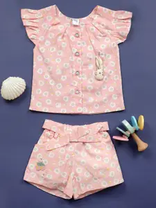 Babys Day Girls Printed Short Sleeves Pure Cotton Top With Shorts