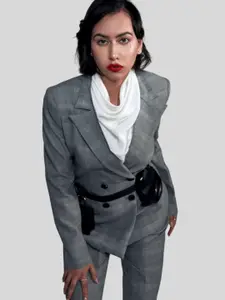 PROT-OFFICIAL Women Checked Notch Lapel Collar Wrap Blazer With Belt