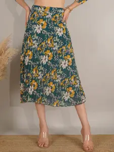 NUEVOSDAMAS Floral Printed Pleated A-Line Midi Skirt