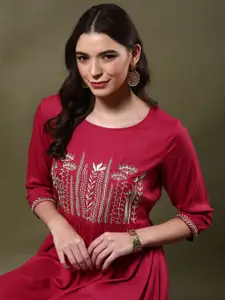 Anouk Floral Embroidered Pleated Thread Work Round Neck A-Line Kurta