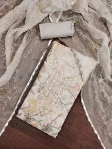 Peachmode Floral Embroidered Beads And Stones Organza Unstitched Dress Material