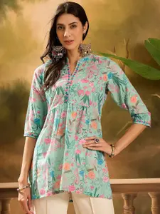 Sangria Floral Printed With Embroidery Straight Kurti