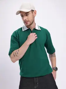 glitchez Teal Contrast Collar Short Sleeve Polo Sweatshirt