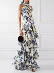 bebe Floral Print Halter Neck Tiered Ruffle Maxi Dress