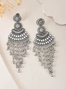 Sangria Stainless Steel Silver Plated Studded & Beaded Oxidised Contemporary Drop Earrings