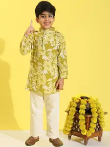 Cutiekins Boys Floral Printed Band Collar Straight Kurta With Pyjamas