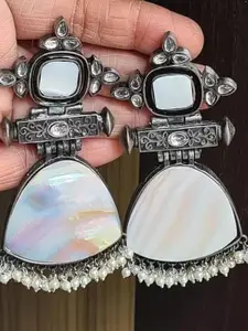 Sangria Silver Plated Artificial Stones Studded & Beaded Oxidised Drop Earrings