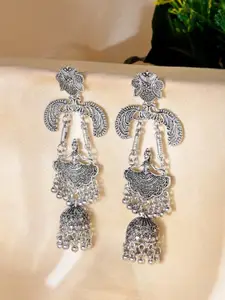 Sangria Stainless Steel Silver-Plated Artificial Beads Beaded Oxidized Dome Shaped Jhumkas