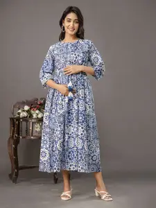 Nayo Women Ethnic Motifs Printed Tie-Ups Maternity Fit and Flare Maxi Dress