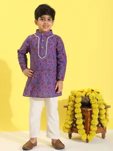 Cutiekins Boys Floral Printed Band Collar Straight Kurta With Pyjamas