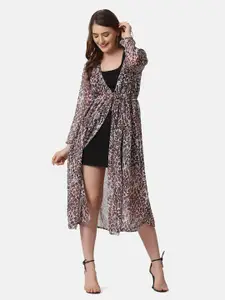 DIMPY GARMENTS Leopard Printed Tie-Up Neck Longline Shrug