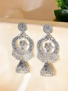 Sangria Stainless Steel Silver Plated Ghungroo Beaded Oxidised Dome Shaped Jhumkas