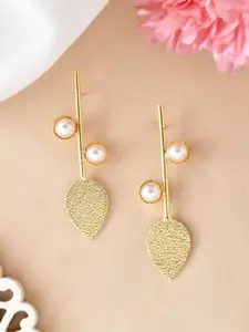 DressBerry Stainless Steel Gold Plated Pearls Beaded Leaf Shaped Studs