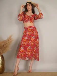 NUEVOSDAMAS Floral Printed Pleated A-Line Midi Skirt