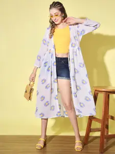 DIMPY GARMENTS Floral Printed Tie-Up Neck Longline Shrug
