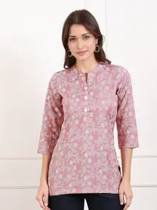 True Shape Floral Printed Mandarin Collar Short Kurti