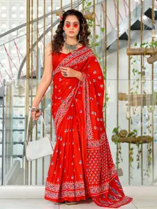 LeeliPeeri Designer Floral Block Printed Mulmul Cotton 1-Minute Saree