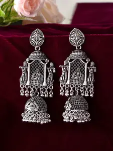 Sangria Women Stainless Steel Silver-Plated Beaded Oxidised Temple Drop Earrings