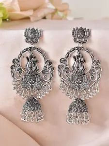 Sangria Stainless Steel Silver Plated Artificial Beads Dome Shaped Oxidized Jhumkas