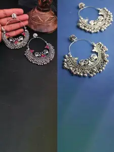 Sangria Set Of 2 Silver-Plated Artificial Beaded Oxidised Drop Earrings