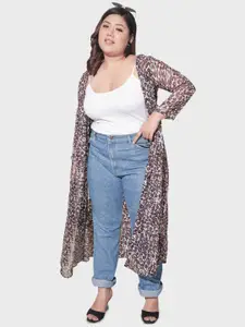 DIMPY GARMENTS Plus Size Leopard Printed Tie-Up Neck Longline Shrug