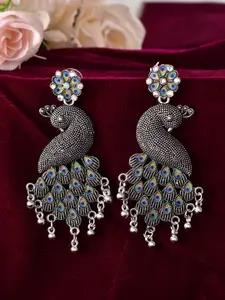 Sangria Stainless Steel Silver Plated Beaded Oxidized Peacock Shaped Drop Earrings