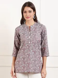 True Shape Floral Printed Mandarin Collar Short Kurti