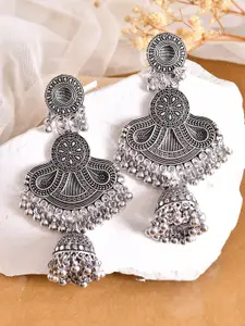 Sangria Satinless Steel Silver Plated Artificial Beaded Oxidized Contemporary Jhumkas