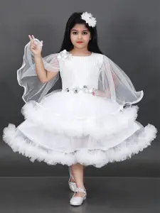 PN Fashion Girls Cape Sleeve Layered Net Fit & Flare Dress