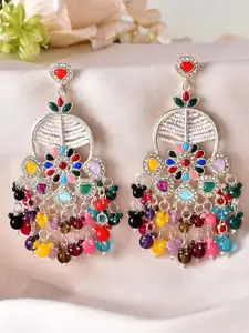 Sangria Stainless Steel Silver Plated Stoned and Beaded Contemporary Chandbalis