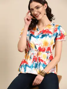 Sangria Women Tie-Dyed Lace Inserts V-neck Top