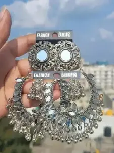 Sangria Silver Plated Artificial Stones Studded & Beaded Oxidised Drop Earrings