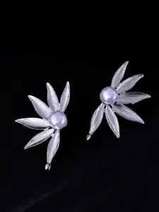 Sangria Stainless Steel Silver Plated Pearls Studded Floral Shaped Studs