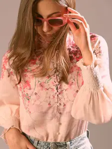 Vero Moda Women Floral Print Mandarin Collar Bell Sleeve Shirt Style Top