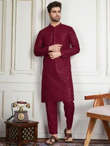 House of Pataudi Men Sequined Thread Embroidered Straight Kurta & Trousers Set