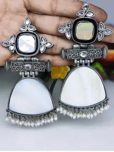 Sangria Silver-Plated Artificial Stones Studded & Beaded Oxidised Drop Earrings