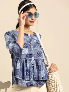 Sangria Geometric Printed Ruffles Peplum Top