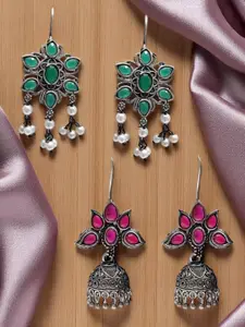 OOMPH Set Of 2 Artificial Stones Studded & Beaded Floral Shaped Oxidised Jhumkas
