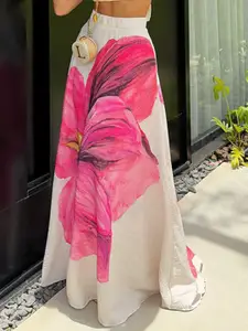 bebe Floral Printed High-Waisted Flared Maxi Skirt