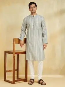 Fabindia Striped Band Collar Long Sleeves Cotton Straight Kurta