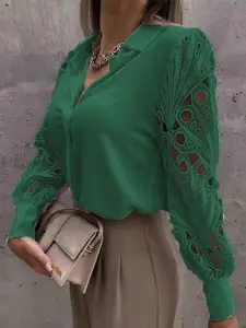 bebe Green Cutout Lace Long Sleeve Shirt