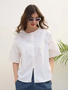 Iconic Women Solid Spread Collar Cotton Casual Shirt
