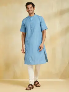 Fabindia Striped Band Collar Dobby Weave Cotton Straight Kurta