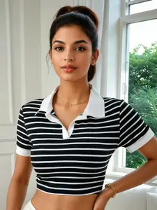 AAHWAN Women Striped Shirt Collar Crop Top