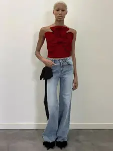 bebe Women Relaxed Fit Mid-Rise Contrast Panel Light Fade Jeans