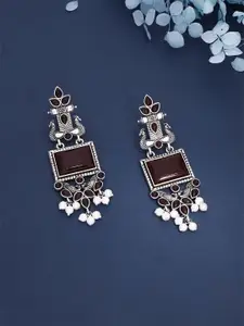 Anouk Silver Plated Artificial Stones studded & Pearls Beaded Oxidized Drop Earrings
